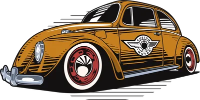 Hình minh họa xe Volkswagen Beetle cổ điển màu vàng với logo 'Custom Motor'