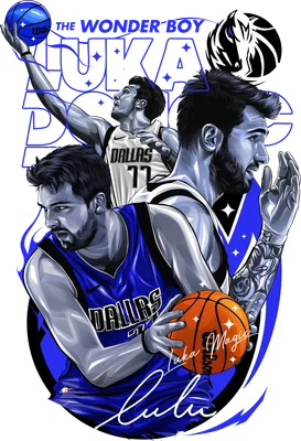 Hình minh họa Luka Dončić với bóng rổ, áo đấu Dallas Mavericks, phong cách nghệ thuật.
