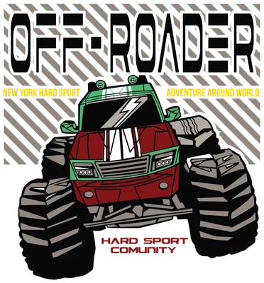 Hình minh họa xe địa hình Off-Roader màu đỏ và xanh lá, với bánh xe lớn, có chữ "OFF-ROADER" và "HARD SPORT COMUNITY"