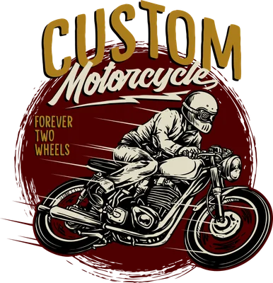 Hình ảnh minh họa tay đua mô tô cổ điển với dòng chữ "Custom Motorcycle" và "Forever Two Wheels"