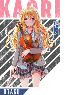 Hình ảnh cô gái anime tóc vàng, mặc đồng phục học sinh, ôm đàn violin và vĩ cầm.