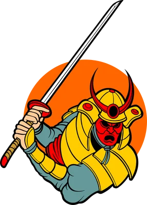 Hình minh họa chiến binh samurai Nhật Bản mặc giáp vàng, mặt nạ đỏ, cầm kiếm katana sắc bén, trên nền xám và vòng tròn cam.