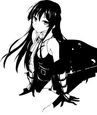 Hình ảnh cô gái anime tóc đen dài, mặc trang phục đen quyến rũ, ngồi trên nền xám.