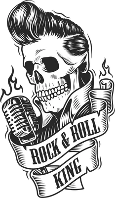 Hình ảnh đầu lâu với mái tóc vuốt ngược phong cách rock and roll, cầm micro cổ điển, trên dải băng có chữ 'ROCK & ROLL KING'