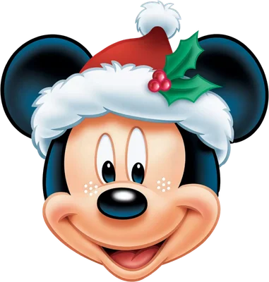 Mickey Mouse hoạt hình đội mũ ông già Noel đỏ trắng và lá cây tầm gửi, biểu cảm vui vẻ.