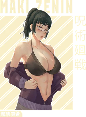 Hình vẽ Maki Zenin trong trang phục bikini, khoe cơ bụng săn chắc, đeo kính, tóc buộc đuôi ngựa.