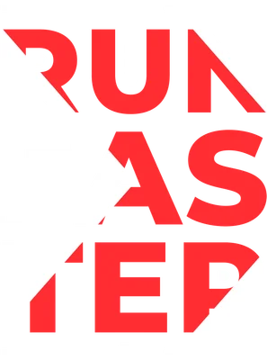 Thiết kế chữ "RUN FASTER" màu đỏ và trắng trên nền xám, phong cách thể thao.