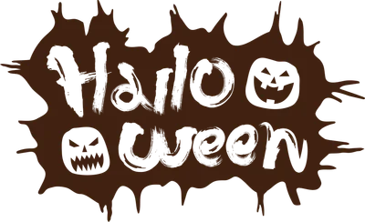 Chữ Halloween với hiệu ứng vẽ cọ, có hình bí ngô ma quái và đầu lâu.