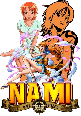 Hình ảnh Nami One Piece với mái tóc cam, mặc trang phục xanh và vàng, bao quanh bởi mây hồng và cánh hoa.