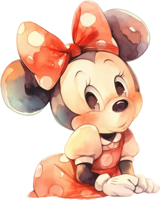 Hình ảnh Minnie Mouse hoạt hình Disney với nơ chấm bi đỏ, vẽ theo phong cách màu nước, biểu cảm dễ thương.