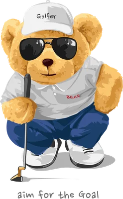 Hình ảnh chú gấu Teddy hoạt hình đeo kính râm, đội mũ Golfer và cầm gậy golf, mặc quần xanh, áo trắng. Nền xám.