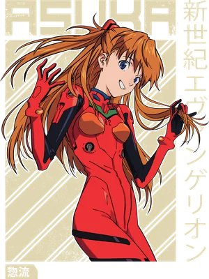Hình vẽ nhân vật Asuka Langley Soryu trong bộ đồ đỏ của Evangelion, tóc vàng bay, biểu cảm vui vẻ.