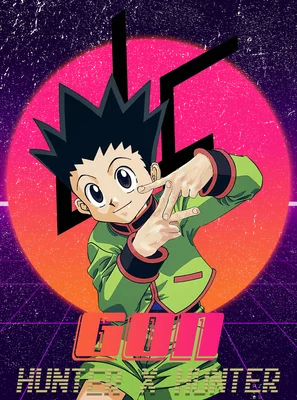 Nhân vật anime Gon Freecss từ Hunter x Hunter với phong cách retro synthwave, nền tròn màu cam hồng và lưới tím.