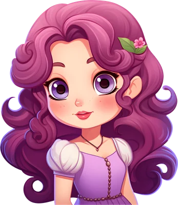 Hình ảnh cô gái hoạt hình chibi với mái tóc tím xoăn, đôi mắt to màu tím và nụ cười tươi tắn, mặc váy màu tím nhạt.