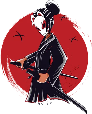 Hình minh họa chiến binh samurai đeo mặt nạ cáo Kitsune trắng, mặc kimono đen, cầm kiếm katana trước nền mặt trời đỏ.