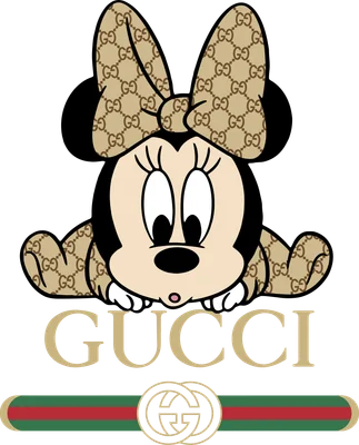 Hình ảnh Minnie Mouse mặc trang phục họa tiết Gucci, nằm trên nền xám, có logo Gucci.