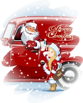 Ông già Noel thân thiện trong xe tải đỏ đang trao thư cho một cô bé mặc đồ Giáng sinh, tuyết rơi.