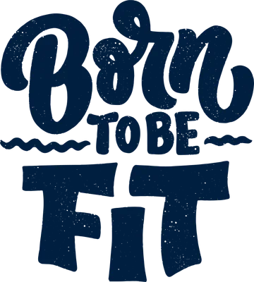 Hình in chữ 'Born To Be Fit' màu xanh navy trên nền xám, phong cách vintage, truyền cảm hứng tập luyện.