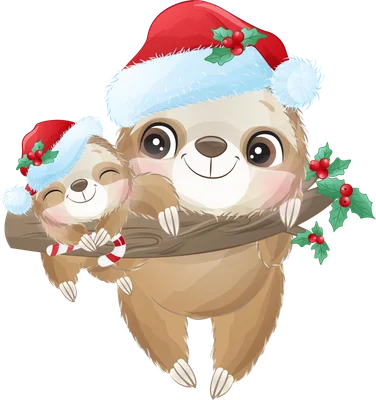 Hình ảnh minh họa cặp lười mẹ con đáng yêu đội mũ ông già Noel, treo trên cành cây, mang không khí Giáng Sinh.