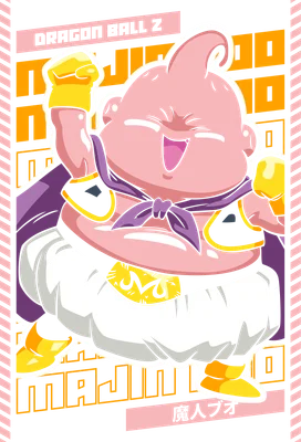 Hình ảnh Majin Buu màu hồng, biểu cảm vui vẻ, trong Dragon Ball Z, với chữ 'MAJIN' và ký tự Nhật Bản.