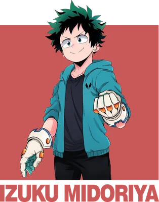 Nhân vật anime Izuku Midoriya với mái tóc xanh lá, mặc áo khoác xanh dương, quần đen và găng tay đặc trưng.