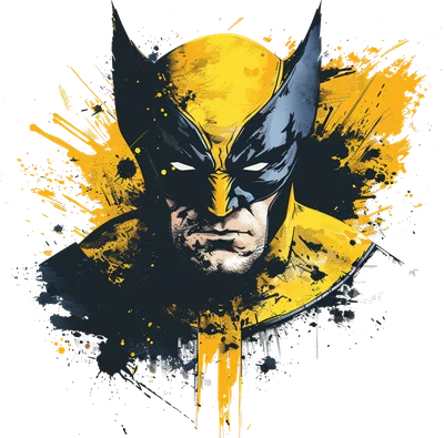 Hình ảnh chân dung Wolverine với mặt nạ đen vàng, hiệu ứng vệt sơn bắn tung tóe trên nền xám.