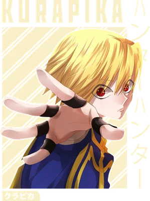 Hình ảnh chibi nhân vật Kurapika từ anime Hunter x Hunter với mái tóc vàng, mắt đỏ và trang phục xanh dương.
