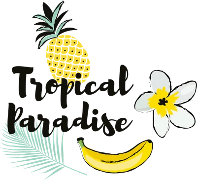 Hình ảnh minh họa chữ 'Tropical Paradise' với quả dứa, chuối, hoa sứ và lá cọ trên nền xám.