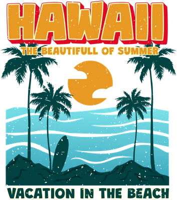 Hình ảnh phong cách vintage về Hawaii với cây dừa, mặt trời, biển xanh và ván lướt sóng, cùng chữ 'HAWAII THE BEAUTIFULL OF SUMMER VACATION IN THE BEACH'.