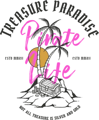 Hình minh họa đảo kho báu với rương vàng, cây dừa, mặt trời và chữ 'Pirate Life', phong cách cướp biển