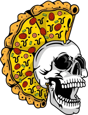 Hình minh họa đầu lâu phong cách punk rock với mái tóc là miếng pizza pepperoni, thiết kế vector sắc nét