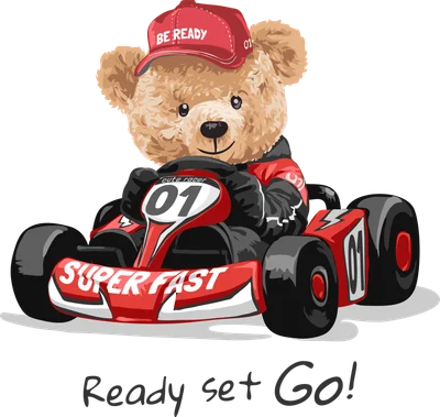 Hình minh họa gấu bông đội mũ đỏ lái xe go-kart màu đỏ đen với chữ 'SUPER FAST' và 'Ready set Go!'