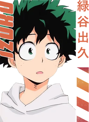 Hình ảnh nhân vật anime Izuku Midoriya với mái tóc xanh lá cây, đôi mắt mở to ngạc nhiên, mặc áo hoodie trắng.