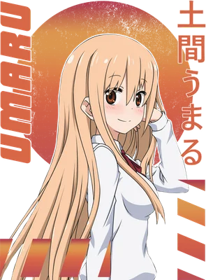 Hình ảnh cô gái anime tóc vàng dài, mặc áo sơ mi trắng, mỉm cười nhẹ nhàng, có chữ tiếng Nhật và họa tiết màu cam.