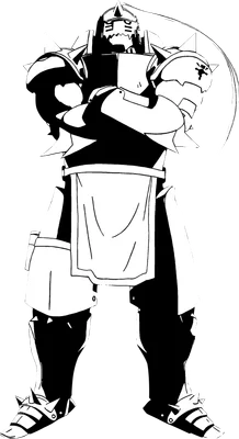 Hình vẽ đen trắng nhân vật Alphonse Elric trong Fullmetal Alchemist, mặc bộ giáp robot, đứng khoanh tay.