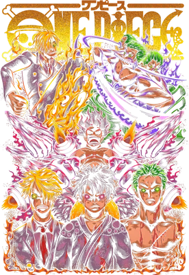 Hình ảnh các nhân vật One Piece trong tư thế chiến đấu, biểu cảm dữ dội, với hiệu ứng lửa và máu.