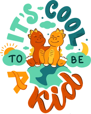 Hai chú khủng long màu cam và vàng ôm nhau trên hình Trái Đất, với dòng chữ 'It's cool to be kind'