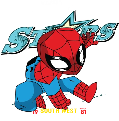 Hình ảnh hoạt hình chibi Spider-Man đang nhảy múa với trang phục đỏ xanh đặc trưng, có chữ "STARS" và các dòng chữ khác.