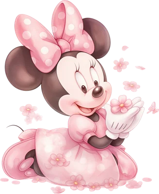 Hình ảnh Minnie Mouse hoạt hình đáng yêu mặc váy hồng, đeo nơ chấm bi, đang cầm những bông hoa nhỏ màu hồng và xung quanh có bướm.