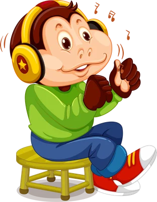 Hình ảnh hoạt hình chú khỉ đội tai nghe màu vàng, mặc áo xanh, quần xanh, đang ngồi trên ghế đẩu màu vàng và nhảy múa theo nhạc.
