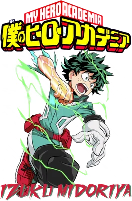 Nhân vật Izuku Midoriya từ My Hero Academia với năng lượng xanh lá bao quanh, biểu cảm quyết tâm.