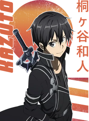 Hình Kirito Sword Art Online với kiếm sau lưng, phong cách anime, nền xám và cam