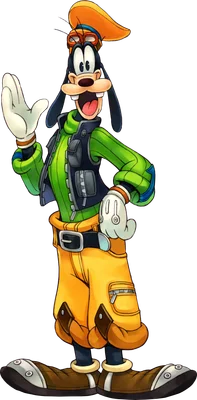 Hình ảnh nhân vật Goofy của Disney đang vẫy tay, mặc áo khoác xanh lá, quần vàng và đội mũ phi công màu cam.