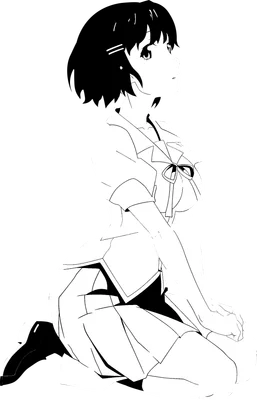 Hình vẽ line art cô gái anime tóc ngắn, mặc đồng phục, đang ngồi suy tư, nhìn sang một bên.