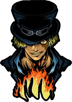 Hình ảnh chàng trai anime tóc vàng, đội mũ phớt đen, đeo kính, tay bốc lửa.