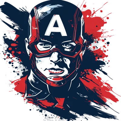 Hình ảnh Captain America với mũ giáp chữ A, phong cách đồ họa splatter màu đỏ và xanh đậm, nền xám.