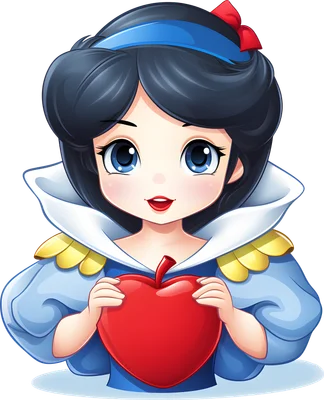 Hình minh họa nàng Bạch Tuyết phong cách chibi với mái tóc đen, váy xanh, nơ đỏ và băng đô xanh, đang ôm một quả táo đỏ.