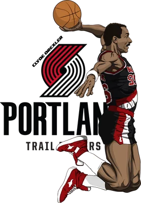 Hình vẽ hoạt hình Clyde Drexler đang ném bóng rổ, mặc áo Portland Trail Blazers, có logo đội bóng.