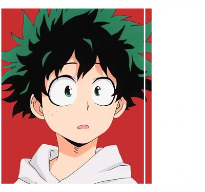 Hình ảnh nhân vật anime Izuku Midoriya với mái tóc xanh lá đặc trưng, đôi mắt mở to ngạc nhiên, mặc áo hoodie trắng.