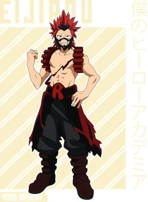 Hình minh họa nhân vật anime Eijiro Kirishima với mái tóc đỏ, cơ bắp, mặc trang phục đen đỏ, biểu cảm quyết tâm.